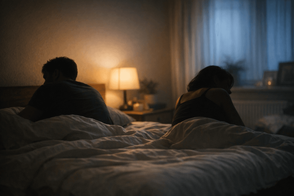 Kaksi ihmistä selät vastakkain sängyssä – kuvaa etäisyyttä ja hiljaista jännitettä parisuhteessa.